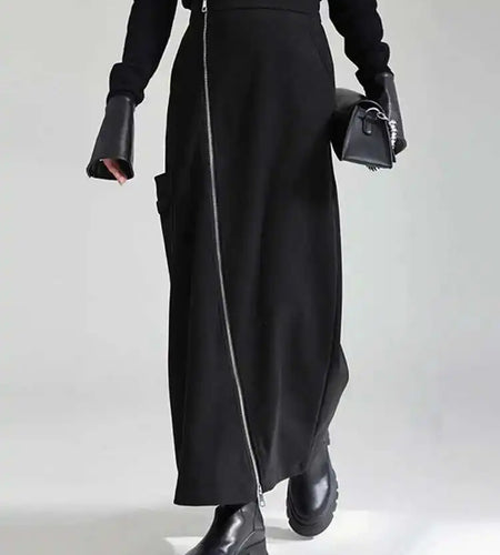 High Waist Black Irregular Zipper Pocket Long Casual Half-body Skirt Women Fashion Tide New Spring Autumn 2025 1DH3481