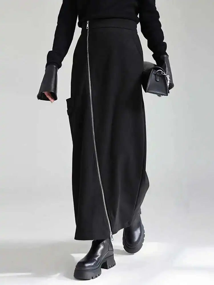 High Waist Black Irregular Zipper Pocket Long Casual Half-body Skirt Women Fashion Tide New Spring Autumn 2025 1DH3481