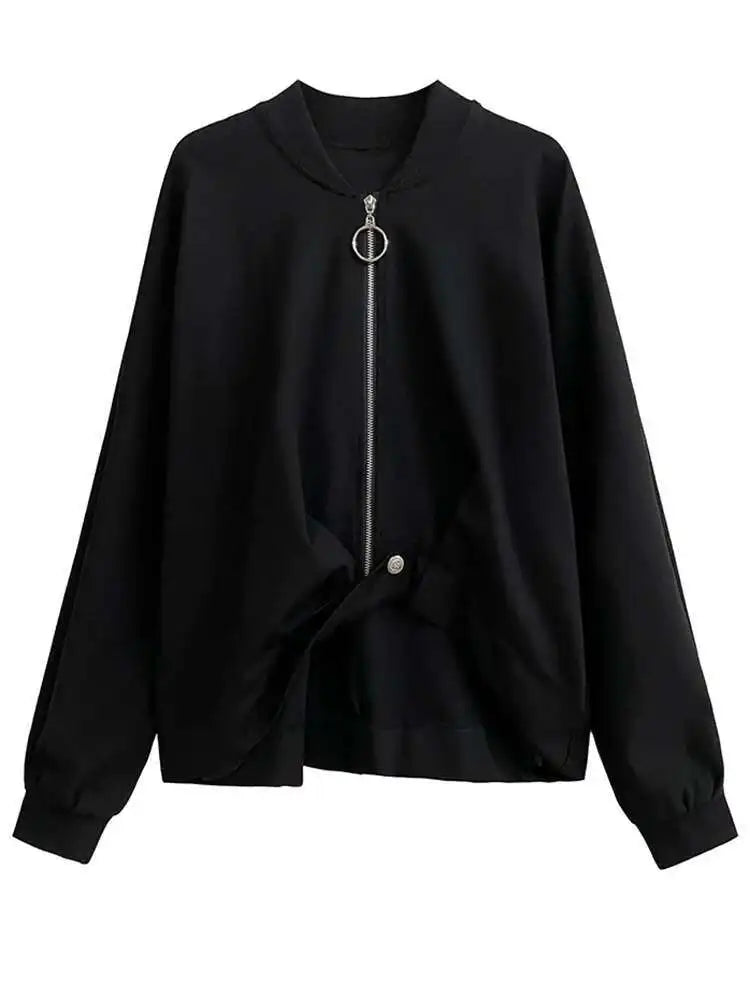 Black Irregular Hem Big Size Jacket New Stand Collar Long Sleeve Women Coat Fashion Tide Spring Autumn 2025 1DH1050