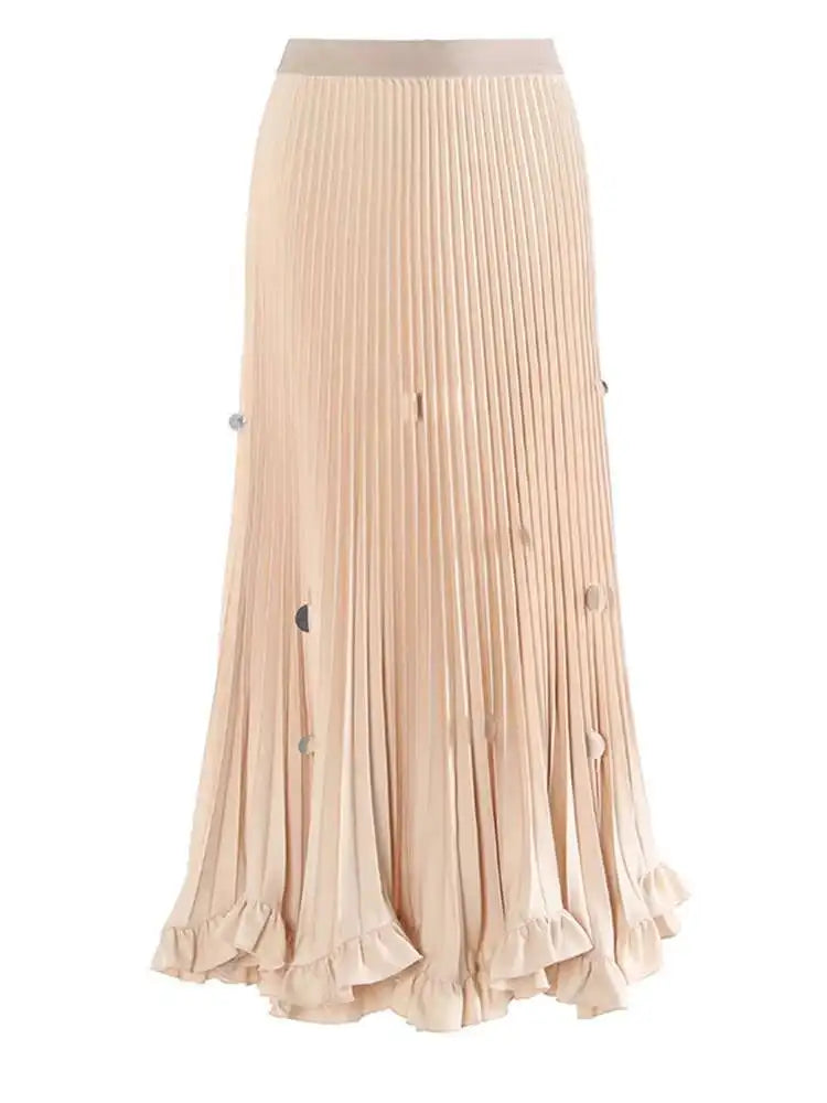 High Elastic Waist Khaki Pleated Elegant Sequins A-line Half-body Skirt Women Fashion Tide New Spring Autumn 2025 1DH8169