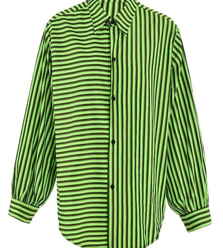 Women Green Striped Big Size Casual Blouse New Lapel Long Sleeve Loose Fit Shirt Fashion Tide Spring Autumn 2025 CPG0655