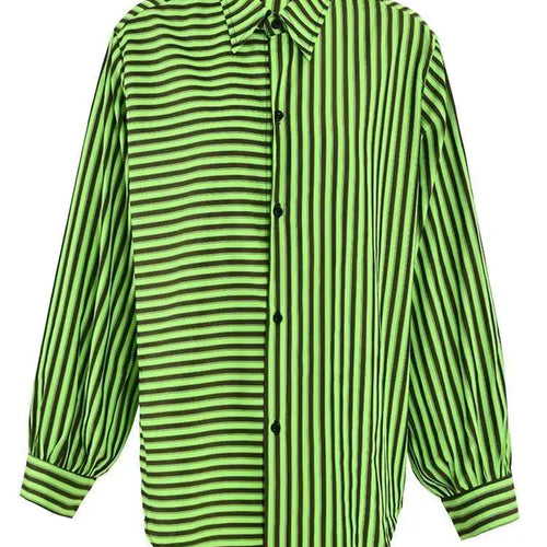 Load image into Gallery viewer, Women Green Striped Big Size Casual Blouse New Lapel Long Sleeve Loose Fit Shirt Fashion Tide Spring Autumn 2025 CPG0655
