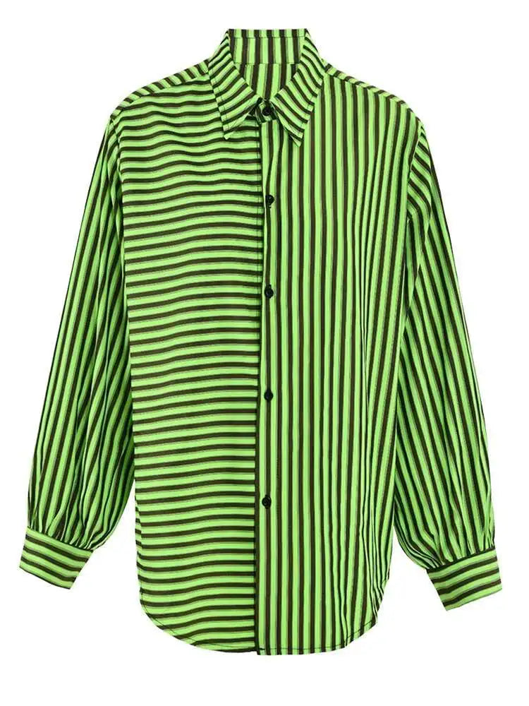 Women Green Striped Big Size Casual Blouse New Lapel Long Sleeve Loose Fit Shirt Fashion Tide Spring Autumn 2025 CPG0655
