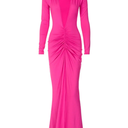 Load image into Gallery viewer, Sexy V-neck Slim Fit Pleated  Long Sleeve Women Dress Front &amp;Back Elegant Female Long Dress Street Party Club Vesidos
