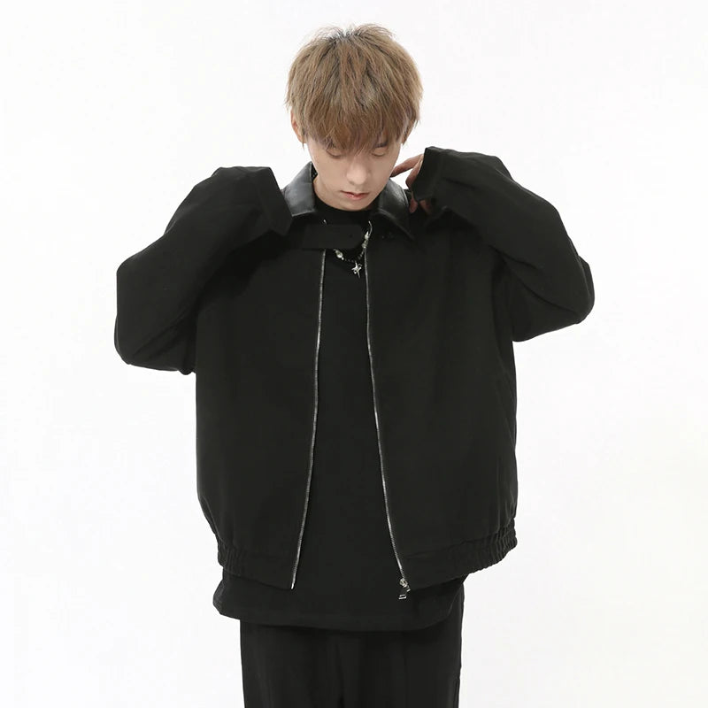 Korean style men's coats PU splicing loose simple turn-down collar solid color casual male jackets new fashion 9C8724