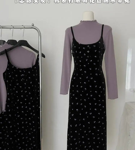 French Women Autumn Winter Fashion Suit Purple Elegant O-neck Long Sleeve Tops And Black Print Velvet Slip Dress Two-piece Sets