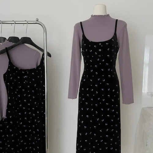 Load image into Gallery viewer, French Women Autumn Winter Fashion Suit Purple Elegant O-neck Long Sleeve Tops And Black Print Velvet Slip Dress Two-piece Sets
