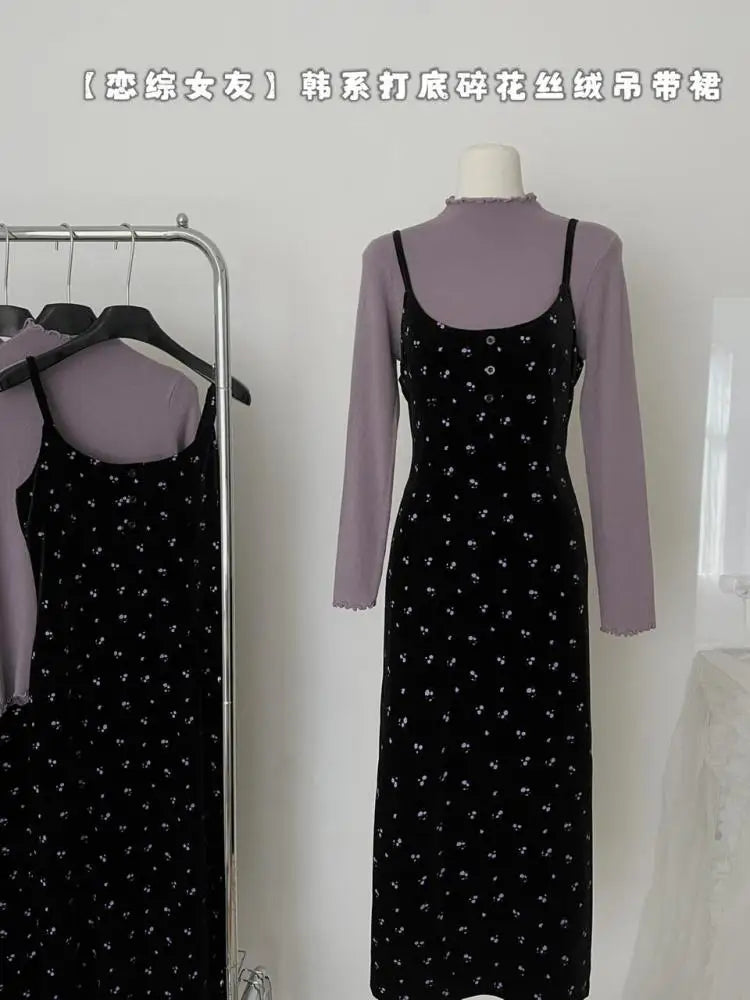 French Women Autumn Winter Fashion Suit Purple Elegant O-neck Long Sleeve Tops And Black Print Velvet Slip Dress Two-piece Sets