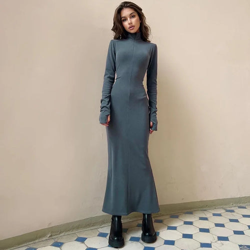 Load image into Gallery viewer, Elegant Turtleneck Long Sleeve Bodycon Long Dress For Women Autumn Winter New Ribbed Zipper Long Dress Fashion Clothes
