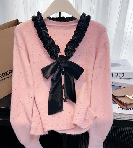 Autumn Winter French Patchwork Elegant V Neck Bow Ruffles Single Breasted Short Sweater Women New Long Sleeved Knitted Tops 2024