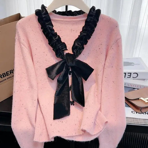 Load image into Gallery viewer, Autumn Winter French Patchwork Elegant V Neck Bow Ruffles Single Breasted Short Sweater Women New Long Sleeved Knitted Tops 2024
