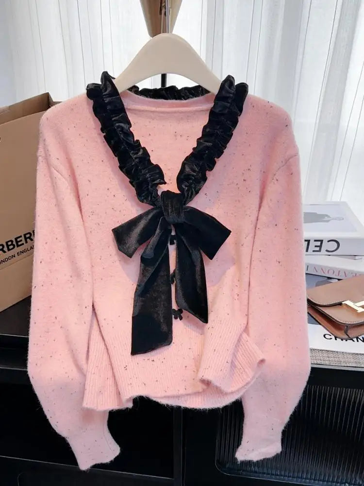 Autumn Winter French Patchwork Elegant V Neck Bow Ruffles Single Breasted Short Sweater Women New Long Sleeved Knitted Tops 2024