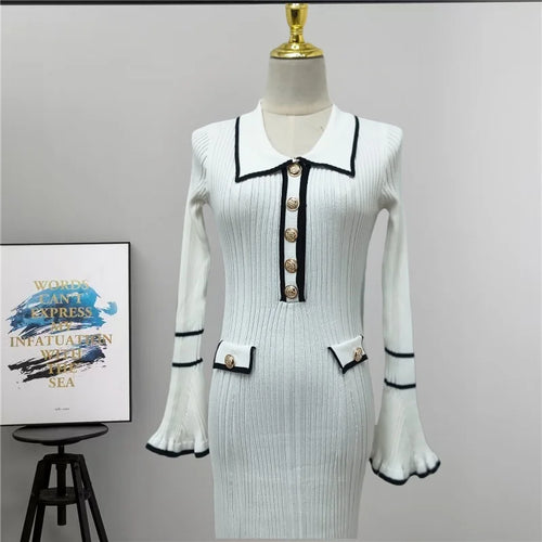 Load image into Gallery viewer, Autumn Winter Patchwork Single-breasted Casual Pullover Sweater Dress Elegant Office Women's Temperament Long Sleeve Knit Dress
