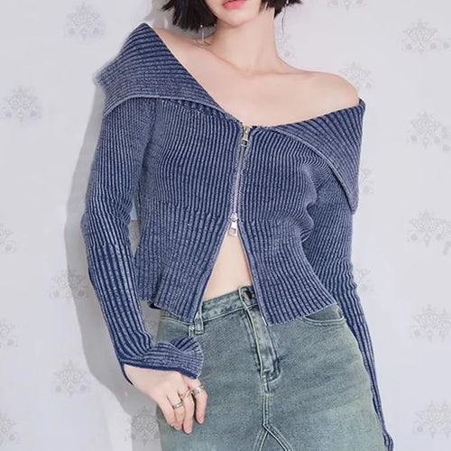 Load image into Gallery viewer, Autumn Y2K Knitted Women Cardigan Sweater Wrist Sleeve Slim Turn-Down Up Collar Double Zippers Female Crop Top C-192
