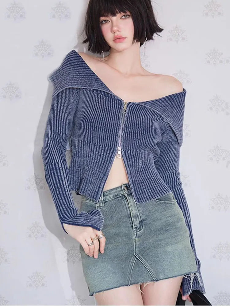 Autumn Y2K Knitted Women Cardigan Sweater Wrist Sleeve Slim Turn-Down Up Collar Double Zippers Female Crop Top C-192