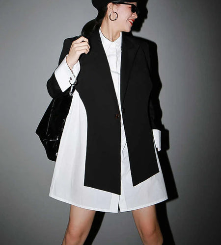 Women Black Cross Split Joint Blazer New Lapel Long Sleeve Loose Fit  Jacket Fashion Tide Spring Autumn 2025 1T447