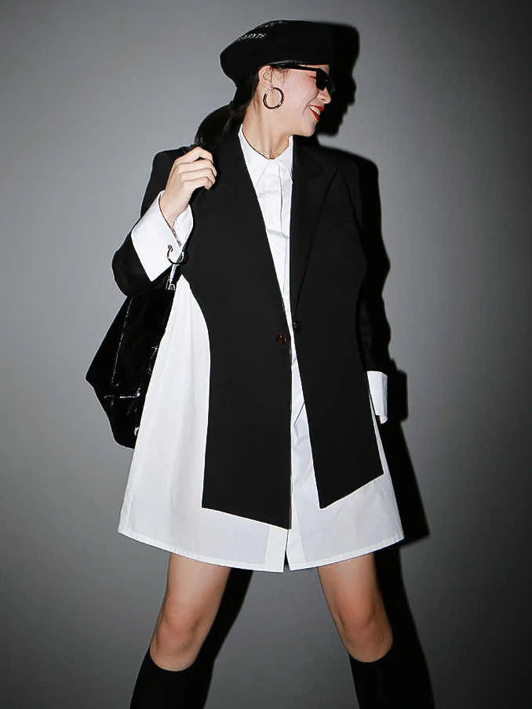 Women Black Cross Split Joint Blazer New Lapel Long Sleeve Loose Fit  Jacket Fashion Tide Spring Autumn 2025 1T447