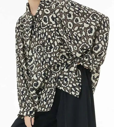 Women Black Big Size Leopard Print Blouse New Lapel Long Sleeve Loose Fit Shirt Fashion Tide Spring Autumn 2025 1DF5143