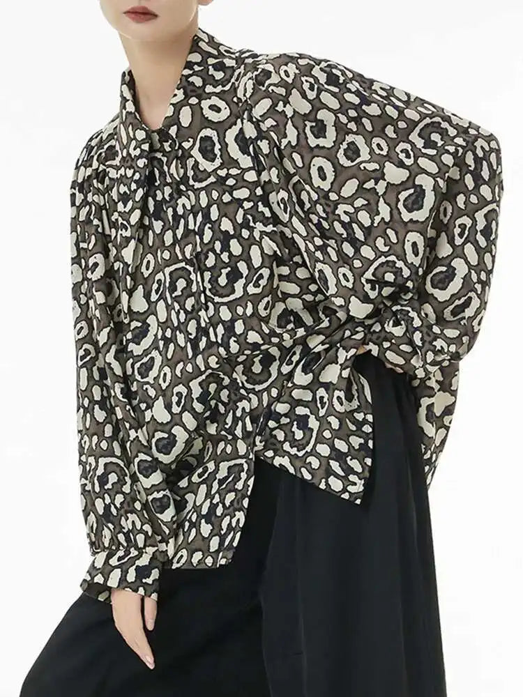 Women Black Big Size Leopard Print Blouse New Lapel Long Sleeve Loose Fit Shirt Fashion Tide Spring Autumn 2025 1DF5143