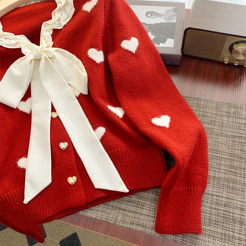 Load image into Gallery viewer, Winter Sweet Patchwork Heart Embroidery Knitting Sweaters Women Long Sleeved Bow Ruffles V-neck 2024 New Fashion Cardigan Tops
