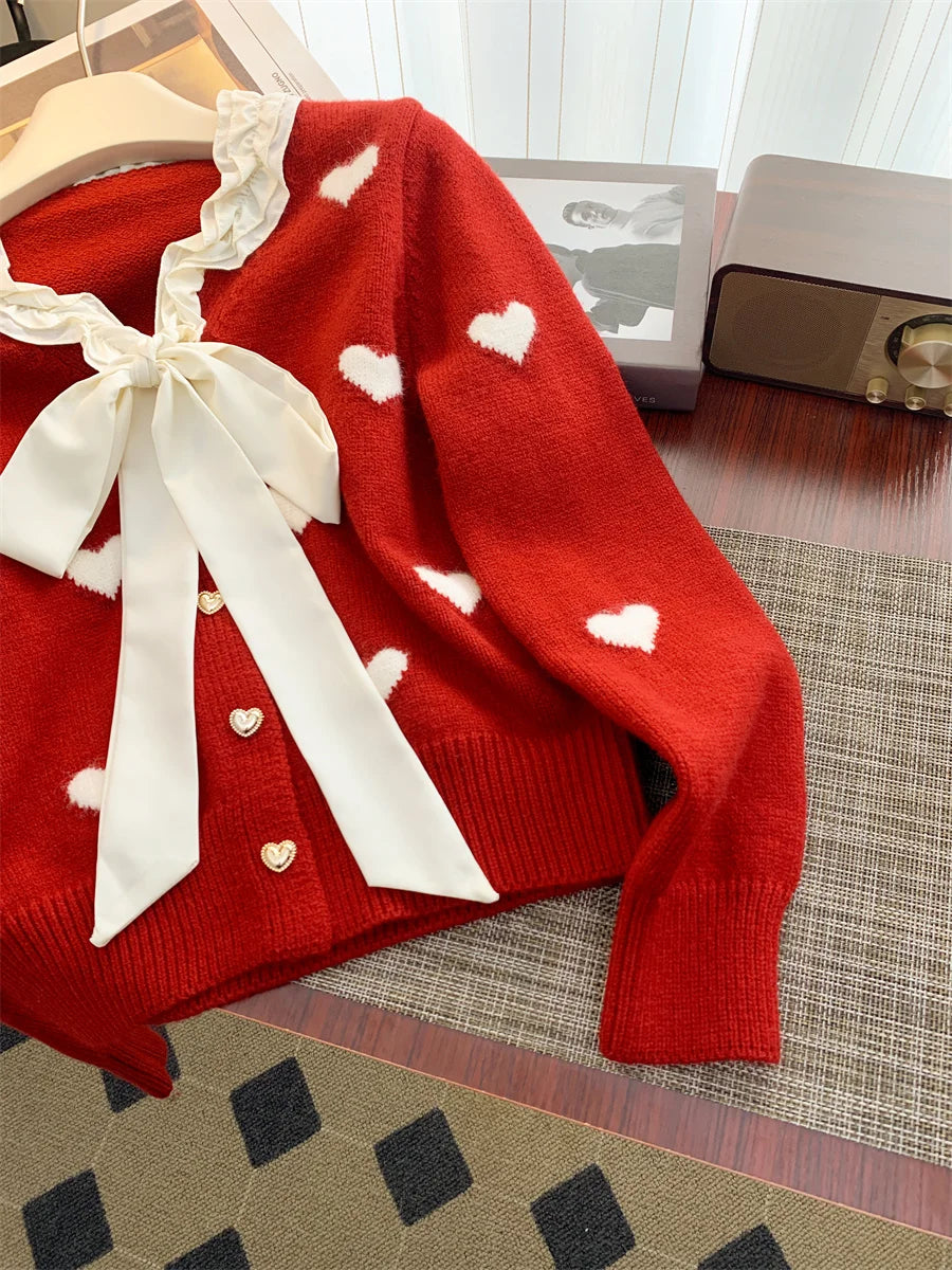 Winter Sweet Patchwork Heart Embroidery Knitting Sweaters Women Long Sleeved Bow Ruffles V-neck 2024 New Fashion Cardigan Tops