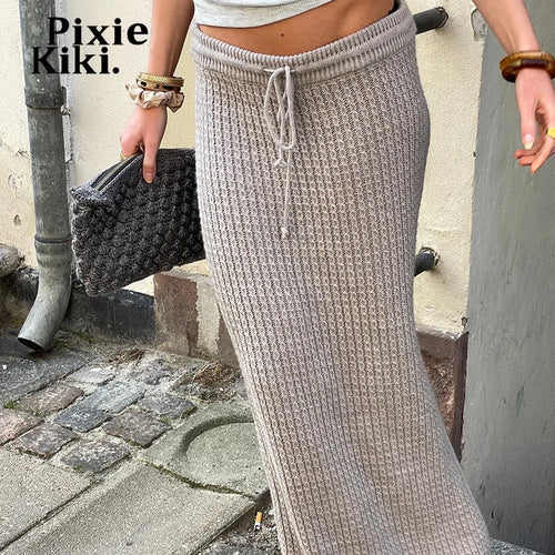 Load image into Gallery viewer, Grey Knitted Drawstring Split Long Skirts Fall Winter Clothes 2024 Women Elegant Maxi Skirt P84-DC50
