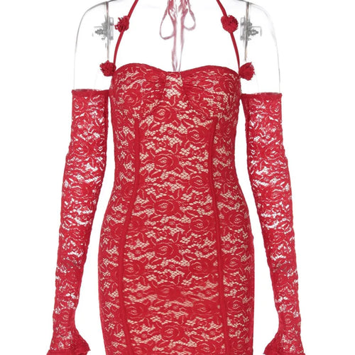 Load image into Gallery viewer, Red Lace Off-shoulder Sexy Mini Dress For Women Fashion Halter Strapless Long Sleeve Bodycon Club Party Sexy Dress
