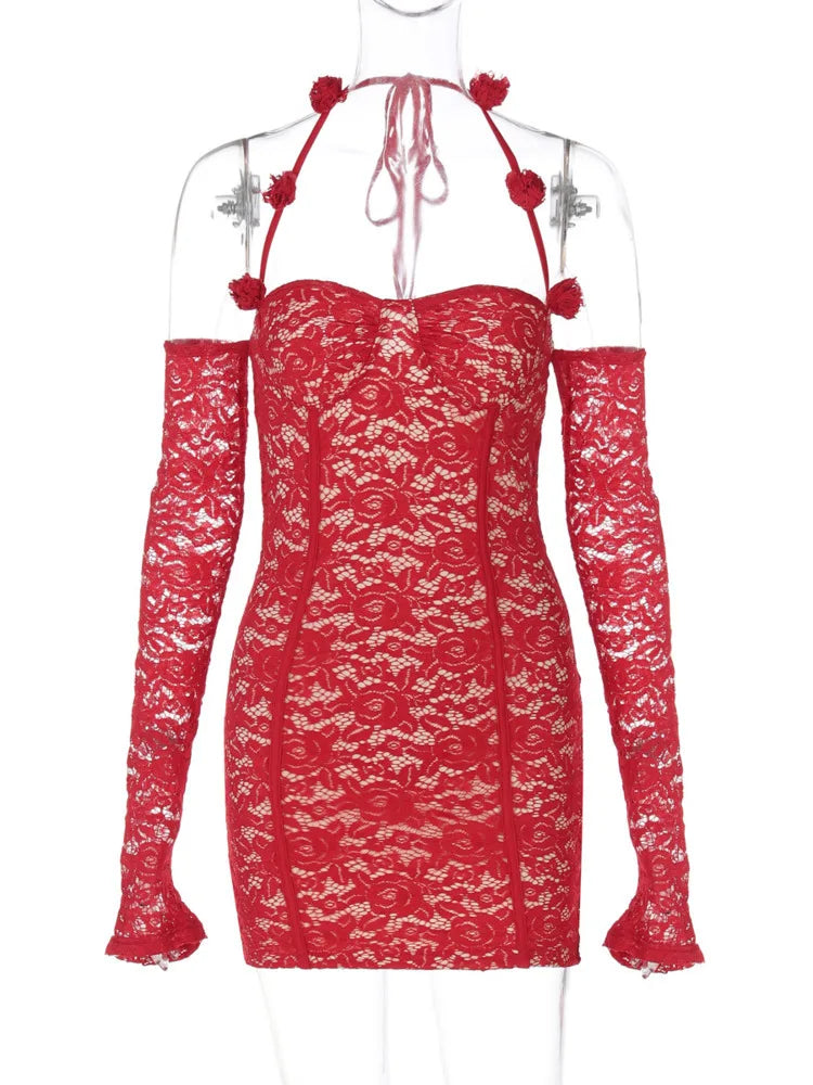 Red Lace Off-shoulder Sexy Mini Dress For Women Fashion Halter Strapless Long Sleeve Bodycon Club Party Sexy Dress