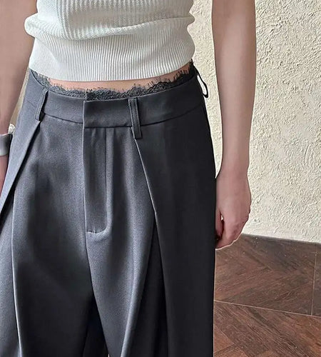 High Waist Black Lace Spliced Pleated Long Wide Leg Pants New Trousers Women Fashion Tide Spring Autumn 2025 1DJ0100