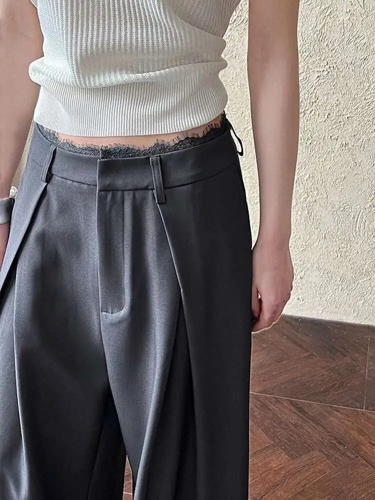 High Waist Black Lace Spliced Pleated Long Wide Leg Pants New Trousers Women Fashion Tide Spring Autumn 2025 1DJ0100