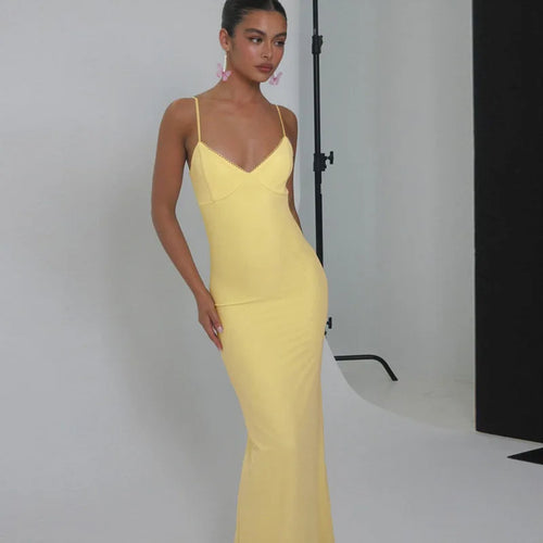 Load image into Gallery viewer, Spaghetti Strap Backless Sexy Maxi Dress For Women Gown Summer New Yellow Sleeveless Bodycon Long Dress Vestido
