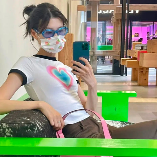 Load image into Gallery viewer, Y2k Aesthetics Tops Grunge Gradient Love Print T-shirt 2000s Fairycore Patchwork Tshirt Japanese Harajuku Crop Top 00s
