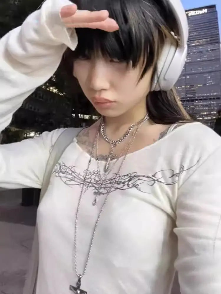 2025 Y2k Aesthetic Creamy-white Women Sexy T-shirt Vintage Printing Streetwear Grunge Tshirts Harajuku Bodycon Gothic Tees Femme