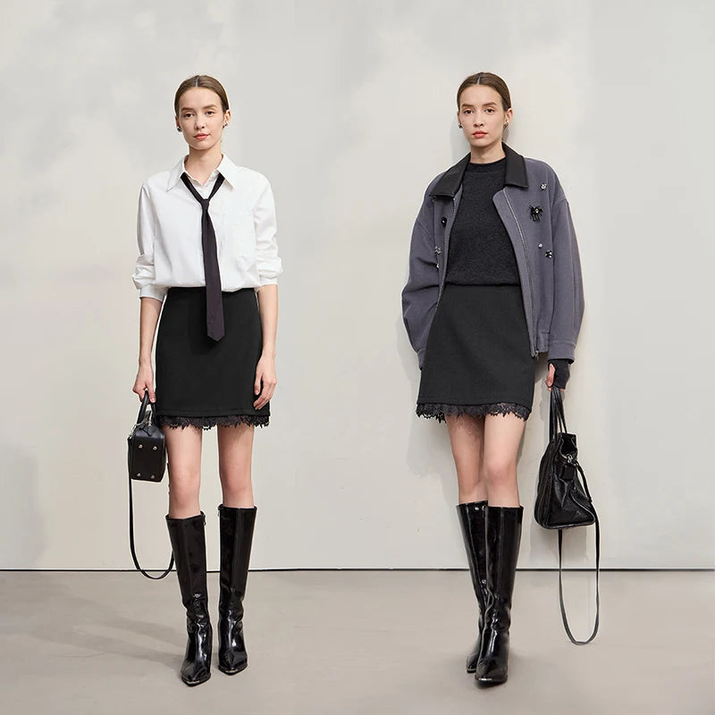 Minimalist Mini Skirt 2025 Winter New Short Wool Warm Skirts For Women Patchwork Lace Casual Solid Clothing Ladies 12544125