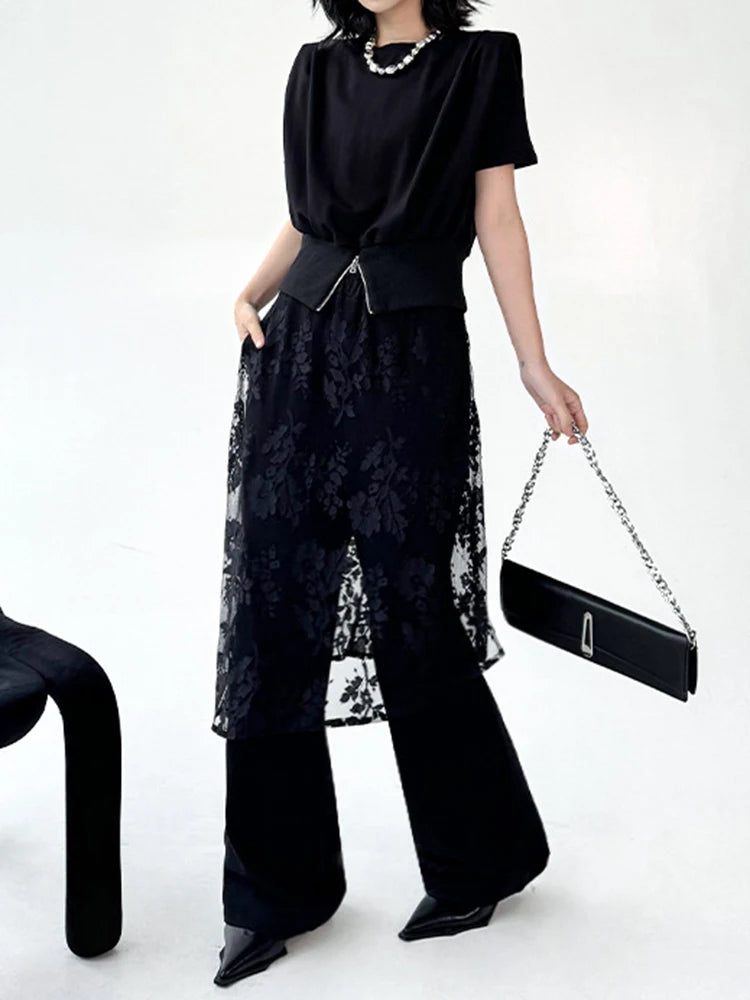High Elastic Waist Black Lace Irregular Long Wide Leg Pants New Trousers Women Fashion Tide Spring Autumn 2025 1DJ1094