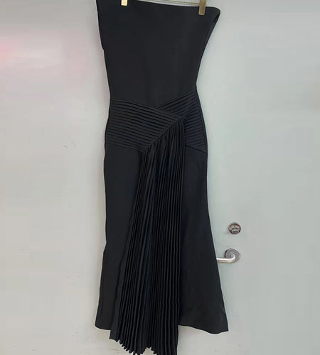 Solid Spliced Folds Slimming Dresses For Women Slash Neck Sleeveless High Waist Temperament Dress Female Fashion