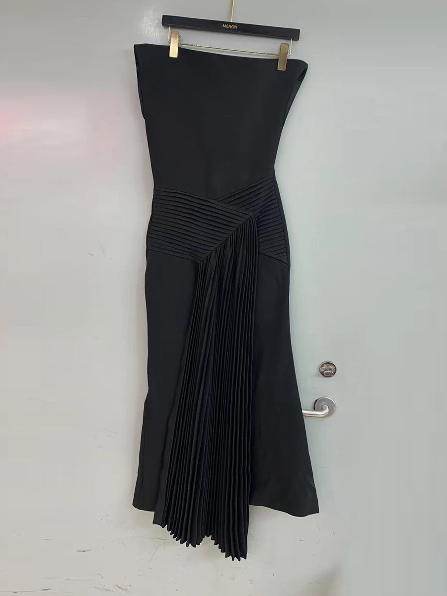 Solid Spliced Folds Slimming Dresses For Women Slash Neck Sleeveless High Waist Temperament Dress Female Fashion