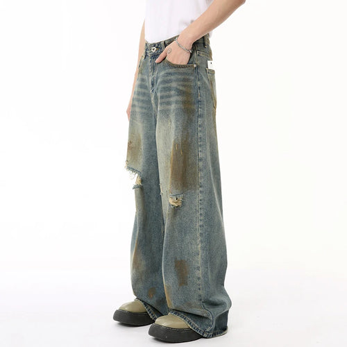 Load image into Gallery viewer, Summer Male Denim Pants Worn-out Hole Contrast Color Straight Wide Leg Casual Men&#39;s Denim Pants High Street 9C6605
