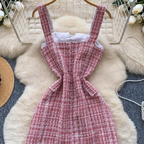 Load image into Gallery viewer, Retro 2024 Autumn Winter New Pink Plaid Woolen Sleeveless Mini Slip Dress Women's Black Button Elegant Short Tweed Dress Popular
