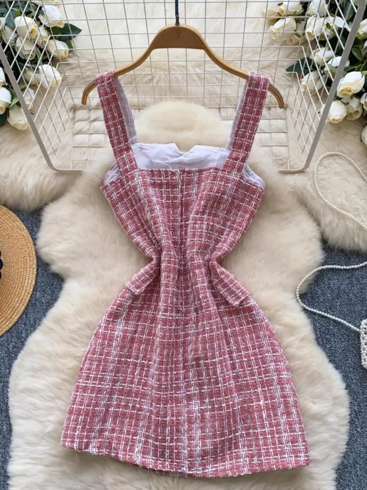 Retro 2024 Autumn Winter New Pink Plaid Woolen Sleeveless Mini Slip Dress Women's Black Button Elegant Short Tweed Dress Popular