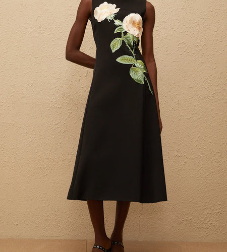 Solid Slimming Spliced 3D Flower Fashion Dresses for Women Round Neck Sleeveless Temperament Dress Female Clothing