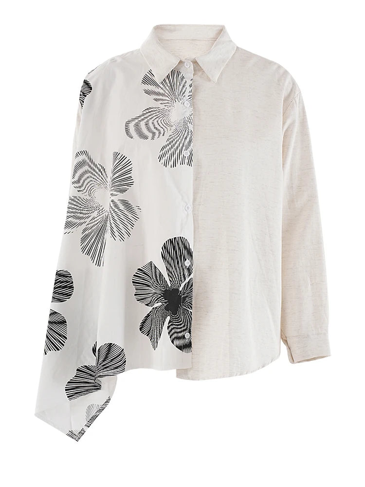 Women White Irregular Flower Big Size Casual Blouse New Lapel Long Sleeve Shirt Fashion Tide Spring Autumn 2025 CPG1908