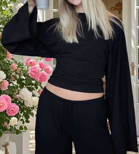 y2k Tees Tops Women Clothes Solid Color Round Neck Flared Long Sleeve Loose Fit T Shirts 2000s Clothing Streetwear