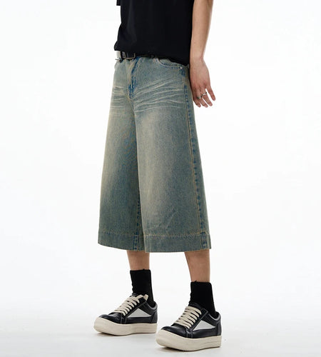 Male Denim Shorts American Wide Leg Cropped Jeans Summer Trend Trousers Loose Slim Washed Straight Pants 9W1461