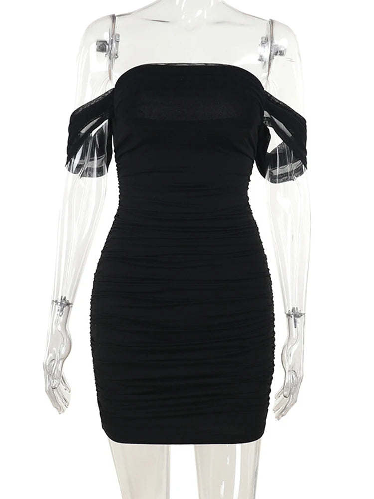 Off Shoulder Short Sleeve Mini Dress For Women Sexy Ruched Backless Bodycon Club Party Dresses 2025 Elegant Vestido