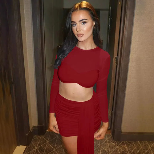 Load image into Gallery viewer, Sexy Skirt Two Piece Sets Women O Neck Long Sleeve T-shirt And Mini Draped Skirt Matching Sets Ladies Skinny Club Sets
