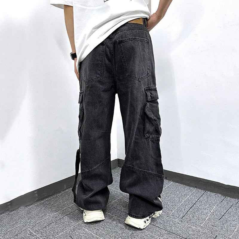 Men's Jeans New American Style High Street Trendy Large Buckle Pockets Decoration Cargo Denim Pants Summer Tide 9W1867