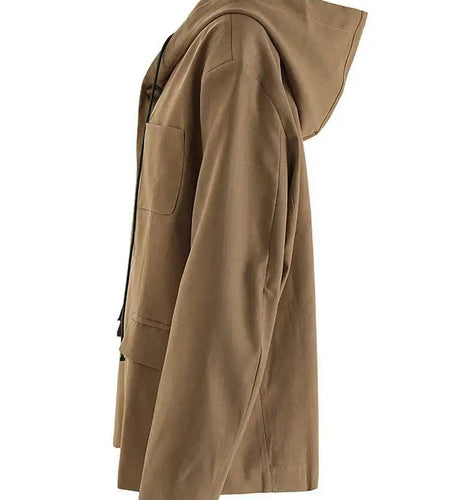 Women Khaki Drawstring Big Size Casual Blazer New Hooded Long Sleeve Jacket Fashion Tide Spring Autumn 2025 CPG2241