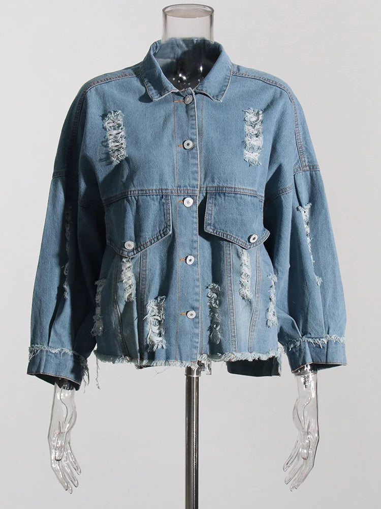 Spliced Pocket Embroidery Denim Jacket For Women Lapel Long Sleeve Patchwork Button Casual Loose Jackets Female New