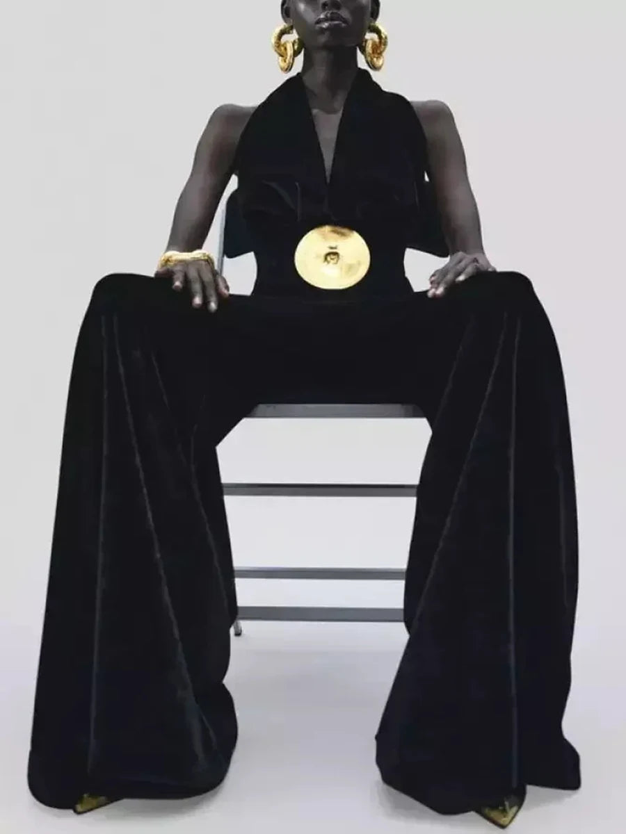 Black Slimming Spliced Sequined Fashion Jumpsuits for Women Halter Sleeveless Backless High Waist Jumpsuit Female